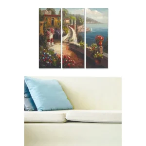Canvastavla i trä 3-delar 50x70 cm - Vacker kustlandskap med blommor och en slingrande väg vid havet Grön / Blå / Röd - Inredning Erbjudandepris