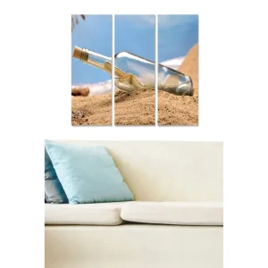 I lager Canvastavla i trä 3-delar 50x70 cm - Flaska med meddelande begravd i sanden Blå / Beige / Transparent - Inredning
