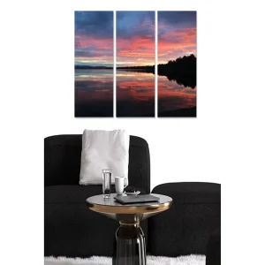 Rea Canvastavla i trä 3-delar 50x70 cm - Färgsprakande solnedgång över en spegelblanka sjö Rosa / Blå / Orange - Inredning