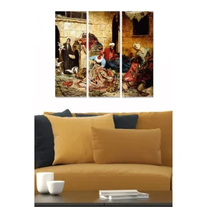 Canvastavla i trä 3-delar 50x70 cm - Livlig marknadsscen med människor och varor i en historisk miljö Röd / Beige / Grön - Inredning Beställ idag