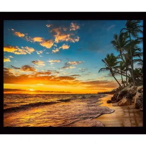 Inramad Canvastavla i trä - 41x56 cm - Solnedgång över en strand med palmer och vågor Orange / Blå / Grön - Inredning Billigare