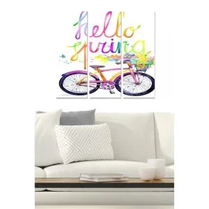 Canvastavla i trä 3-delar 50x70 cm - Cykel med färgglad text som hälsar våren Rosa / Lila / Gul - Inredning Extra rabatt