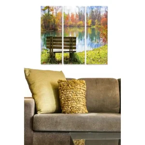Canvastavla i trä 3-delar 50x70 cm - Bänk vid en spegelblanka sjö omgiven av höstfärger Grön / Orange / Blå - Inredning Nyhet