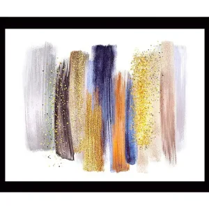 Inramad Canvastavla i trä - 41x56 cm - Abstrakt komposition med färgglada penseldrag Guld / Blå / Grå - Inredning Kampanj