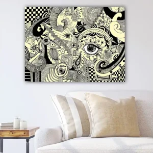 Nedsatt pris Canvastavla 70x100 cm - Abstrakt komposition med svarta linjer och mönster på en ljus bakgrund Svart / Ljusgul - Inredning