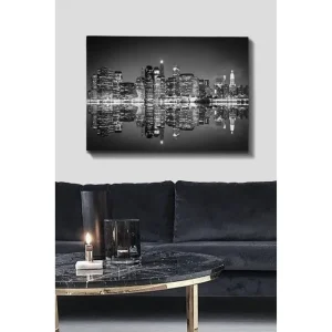 Canvastavla 70x100 cm - Svartvit stadssilhuett med reflektioner i vattnet Svart / Vitt / Grått - Inredning Endast denna vecka