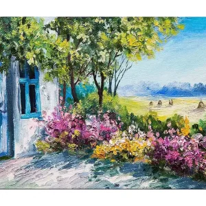 Canvastavla 70x100 cm - Blomstrande trädgård med ett hus och grönskande träd i bakgrunden Grön / Rosa / Gul - Inredning Expressleverans