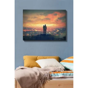 Canvastavla 70x100 cm - Romantisk silhuett av ett par som står tillsammans och beundrar en solnedgång över en stad Orange / Blå / Svart - Inredning Kampanjpris