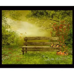 Inramad Canvastavla i trä - 41x56 cm - Bänk i en grönskande trädgård omgiven av blommor och fjärilar Grön / Brun / Gul - Inredning Kampanj