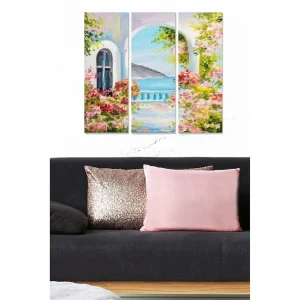 Lågt pris Canvastavla i trä 3-delar 50x70 cm - Vacker utsikt genom en båge med blommor och hav i bakgrunden Rosa / Blå / Grön - Inredning