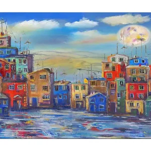 Canvastavla 70x100 cm - Färgglada hus i en stadsmiljö under en klar himmel med en stor måne Blå / Röd / Gul - Inredning Kampanj