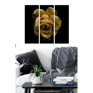 Canvastavla i trä 3-delar 50x70 cm - Gyllene ros med vattendroppar Guld / Svart - Inredning Sänkt pris