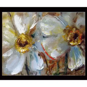 Inramad Canvastavla i trä - 41x56 cm - Vita blommor med gyllene mittpartier Vit / Guld / Grön - Inredning Trygg betalning
