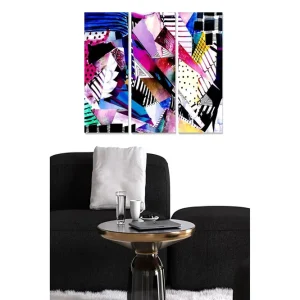 Snabb frakt Canvastavla i trä 3-delar 50x70 cm - Abstrakt komposition med geometriska former och starka färger Blå / Rosa / Svart - Inredning