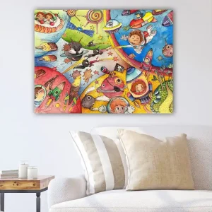 Canvastavla 70x100 cm - Färgglad och lekfull scen med barn som utforskar rymden och äter glass i en fantasifull miljö Blå / Röd / Gul - Inredning Utförsäljning
