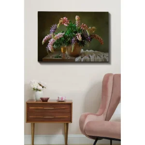 Canvastavla 70x100 cm - Vacker bukett med färgglada blommor i en kruka Lila / Rosa / Grön - Inredning risnedsättning