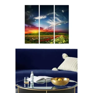 Canvastavla i trä 3-delar 50x70 cm - Vacker landskapsvy med blomsterfält och dramatisk himmel Grön / Röd / Gul - Inredning Snabb leverans