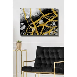 Canvastavla 70x100 cm - Abstrakt konst med guldtrådar som skapar dynamiska linjer mot en svart och vit bakgrund Guld / Svart / Vit - Inredning Endast idag