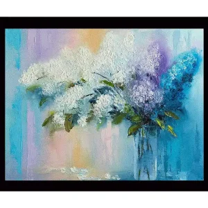 Inramad Canvastavla i trä - 41x56 cm - Färgrik bukett av syrener i en glasvas Vit / Lila / Turkos - Inredning Billigare
