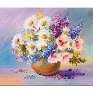 Canvastavla 70x100 cm - Färgglad bukett med blommor i en keramikskål Vit / Lila / Rosa - Inredning I lager
