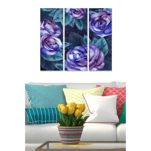 Lägg i varukorgen Canvastavla i trä 3-delar 50x70 cm - Lila rosor med gröna blad Lila / Grön / Mörkblå - Inredning