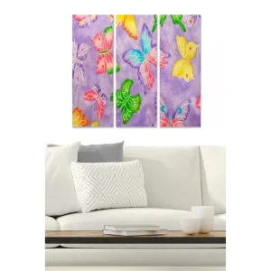 Snabb leverans Canvastavla i trä 3-delar 50x70 cm - Färgglada fjärilar på lila bakgrund Lila / Grön / Rosa - Inredning