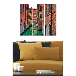Populärt val Canvastavla i trä 3-delar 50x70 cm - Vacker kanal omgiven av färgglada hus i en italiensk stad Röd / Grön / Orange - Inredning