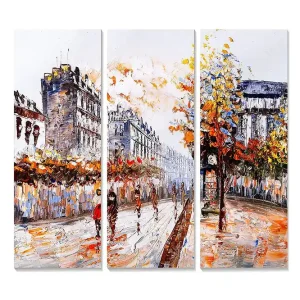 Kundfavorit Canvastavla i trä 3-delar 50x70 cm - Livlig stadsbild med höstträd och människor på en gata Orange / Gult / Blått - Inredning