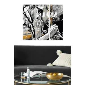 Canvastavla i trä 3-delar 50x70 cm - Jazzmusiker i en urban miljö Svart / Grå / Gul - Inredning Nyhet