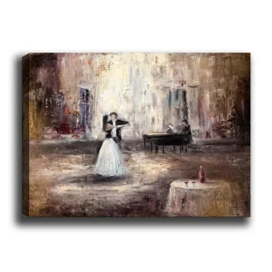 Lågt pris Canvastavla 70x100 cm - Elegant dansande kvinna i vit klänning framför ett piano i en romantisk miljö Vit / Brun / Grå - Inredning