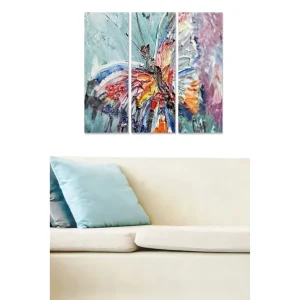 Canvastavla i trä 3-delar 50x70 cm - Färgglad fjäril i abstrakt stil Turkos / Orange / Lila - Inredning Köp online