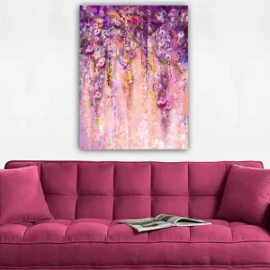 Köp nu Canvastavla 70x100 cm - Färgstark och abstrakt målning av hängande blommor i lila och rosa nyanser Lila / Rosa / Gult - Inredning
