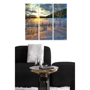 Kampanjpris Canvastavla i trä 3-delar 50x70 cm - Vinterlandskap med solnedgång över snöklädda fält Blå / Vit / Orange - Inredning