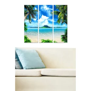 Canvastavla i trä 3-delar 50x70 cm - Tropisk strand med palmer och klarblå himmel Blå / Grön / Beige - Inredning Säker betalning