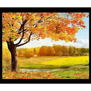 Inramad Canvastavla i trä - 41x56 cm - Vacker höstlandskap med ett stort träd och färgglada löv Orange / Gult / Grönt - Inredning Reapris