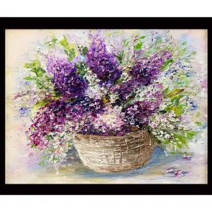 Trygg betalning Inramad Canvastavla i trä - 41x56 cm - Färgrik bukett av liljor i en korg Lila / Grön / Vit - Inredning