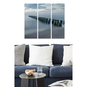 Canvastavla i trä 3-delar 50x70 cm - Stillhet vid havet med en rad av pålar i vattnet Blå / Grå / Grön - Inredning Fynd