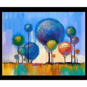 Inramad Canvastavla i trä - 41x56 cm - Färgglada träd i en livlig landskapskomposition Blå / Grön / Orange - Inredning I lager