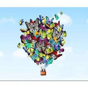 Canvastavla 70x100 cm - Färgglad ballong fylld med olika fjärilar som svävar mot en klar himmel Grön / Blå / Gul - Inredning Erbjudandepris