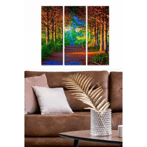 Beställ idag Canvastavla i trä 3-delar 50x70 cm - Lummig skogsgång med solbelysta träd och grönska Grön / Orange / Blå - Inredning