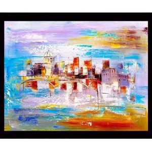Inramad Canvastavla i trä - 41x56 cm - Färgrik stadsbild med bro och byggnader i silhuett Blå / Orange / Lila - Inredning Lägg i varukorgen