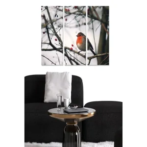 Snabb frakt Canvastavla i trä 3-delar 50x70 cm - Rödbröstad fågel på en gren med bär Grå / Röd / Brun - Inredning