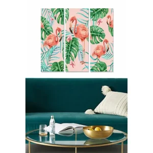Canvastavla i trä 3-delar 50x70 cm - Flamingos omgivna av tropiska växter Rosa / Grön / Ljusblå - Inredning Extra rabatt