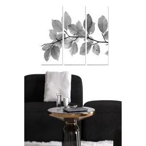 Canvastavla i trä 3-delar 50x70 cm - Svartvita blad på en gren Svart / Grå / Vit - Inredning Lågt pris