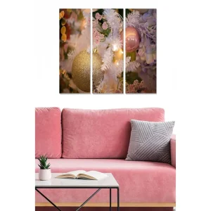 Canvastavla i trä 3-delar 50x70 cm - Glittrande julkulor i en festlig komposition Guld / Rosa / Lila - Inredning Premium