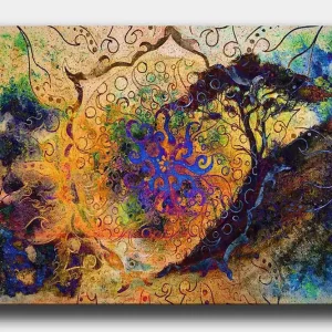 Begränsat erbjudande Canvastavla 70x100 cm - Abstrakt träd med spiraler och färgglada mönster i en drömliknande komposition Blå / Orange / Lila - Inredning