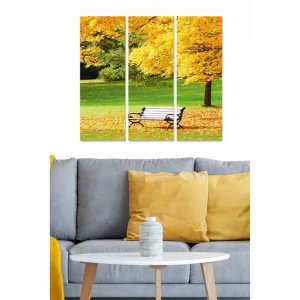 I lager Canvastavla i trä 3-delar 50x70 cm - Höstlandskap med en bänk omgiven av gyllene lövträd Guld / Grön - Inredning