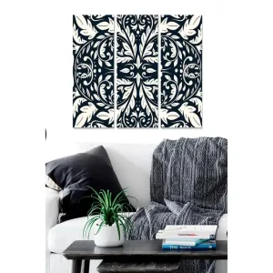 Rea Canvastavla i trä 3-delar 50x70 cm - Elegant mönster med bladverk i kontrasterande färger Mörkblå / Krämvit - Inredning