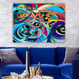 Canvastavla 70x100 cm - Abstrakt komposition med färgglada spiraler och kurvor som skapar en dynamisk rörelse Turkos / Lila / Röd - Inredning Beställ nu