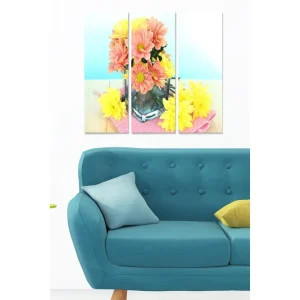 Billig Canvastavla i trä 3-delar 50x70 cm - Färgrik bukett av blommor i en glasvas Rosa / Gul / Grön - Inredning